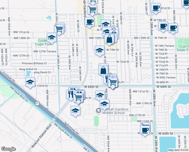 map of restaurants, bars, coffee shops, grocery stores, and more near 3268 West 70th Street in Hialeah