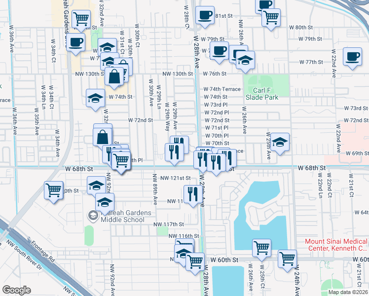 map of restaurants, bars, coffee shops, grocery stores, and more near 6937 West 29th Avenue in Hialeah