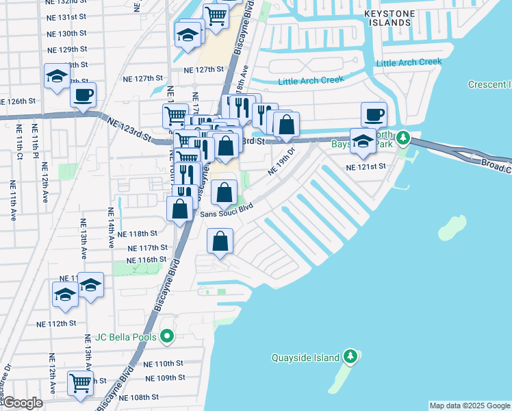 map of restaurants, bars, coffee shops, grocery stores, and more near 1800 Sans Souci Boulevard in North Miami