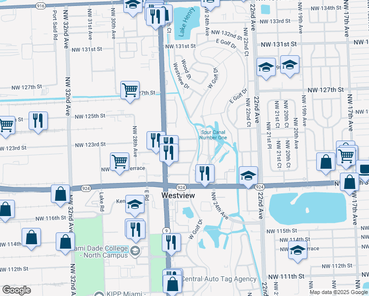 map of restaurants, bars, coffee shops, grocery stores, and more near 2490 Northwest 122nd Street in Miami