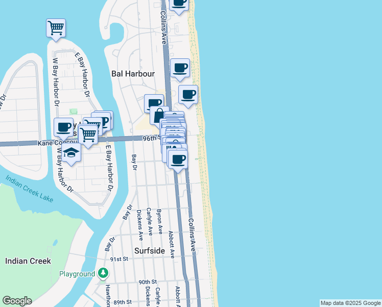 map of restaurants, bars, coffee shops, grocery stores, and more near 203 95th Street in Surfside