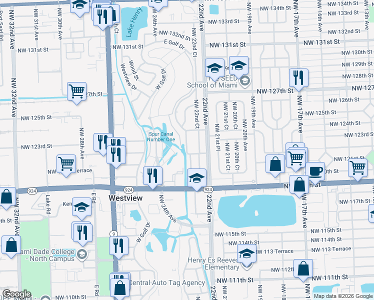 map of restaurants, bars, coffee shops, grocery stores, and more near 12200 Northwest 23rd Avenue in Miami