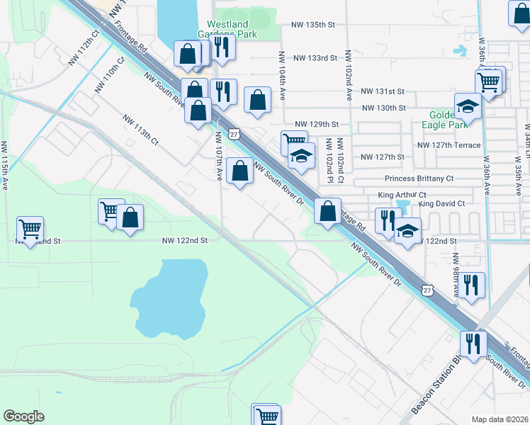map of restaurants, bars, coffee shops, grocery stores, and more near 12390 Northwest 106th Court in Medley