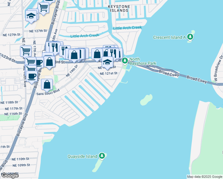 map of restaurants, bars, coffee shops, grocery stores, and more near 2089 Northeast 121st Road in North Miami