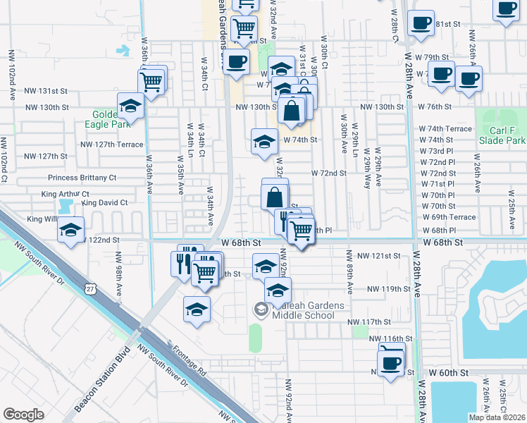 map of restaurants, bars, coffee shops, grocery stores, and more near 3268 West 70th Street in Hialeah