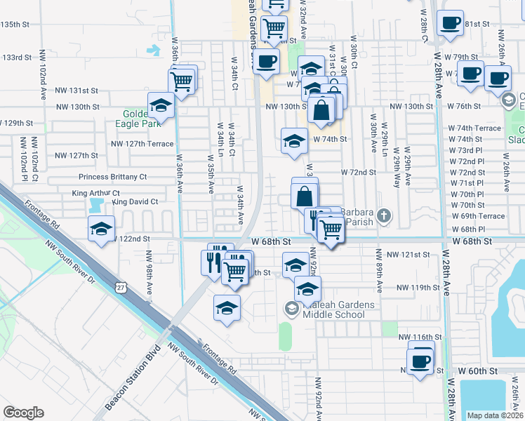 map of restaurants, bars, coffee shops, grocery stores, and more near 132 Northwest 93rd Court in Hialeah