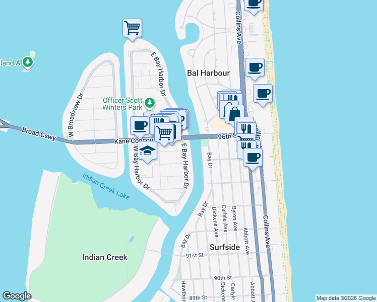 map of restaurants, bars, coffee shops, grocery stores, and more near 9481 East Bay Harbor Drive in Bay Harbor Islands