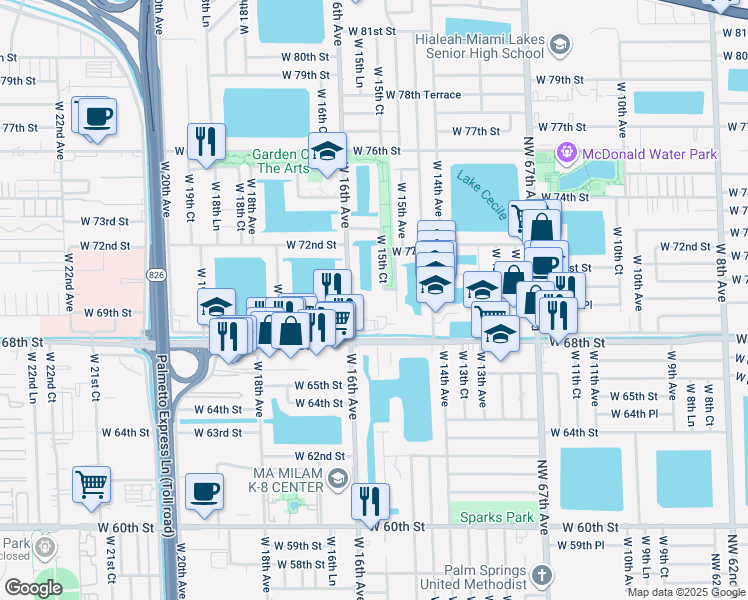 map of restaurants, bars, coffee shops, grocery stores, and more near 6975 West 16th Avenue in Hialeah