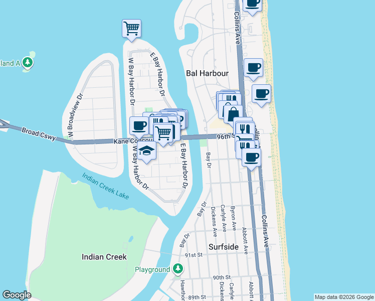 map of restaurants, bars, coffee shops, grocery stores, and more near 9481 East Bay Harbor Drive in Bay Harbor Islands