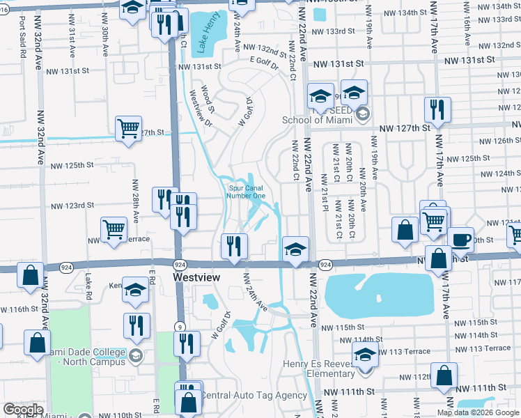 map of restaurants, bars, coffee shops, grocery stores, and more near 12200-12398 Northwest 122nd Street in Miami