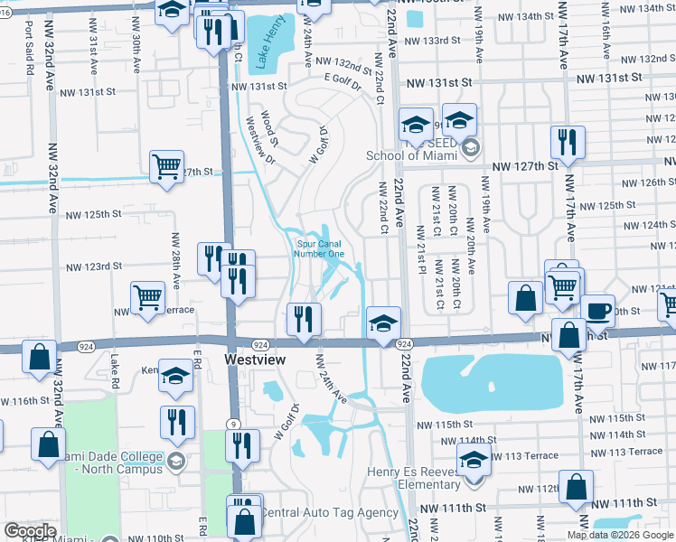 map of restaurants, bars, coffee shops, grocery stores, and more near 12200-12398 Northwest 122nd Street in Miami