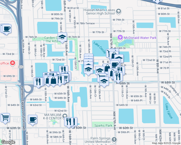 map of restaurants, bars, coffee shops, grocery stores, and more near 1383 West 69th Street in Hialeah