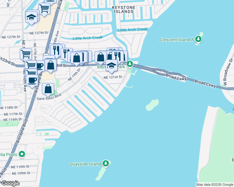 map of restaurants, bars, coffee shops, grocery stores, and more near 2089 Northeast 121st Road in North Miami