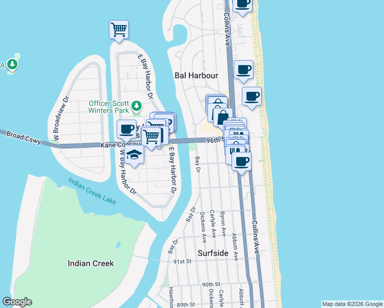 map of restaurants, bars, coffee shops, grocery stores, and more near 9516 Bay Drive in Surfside
