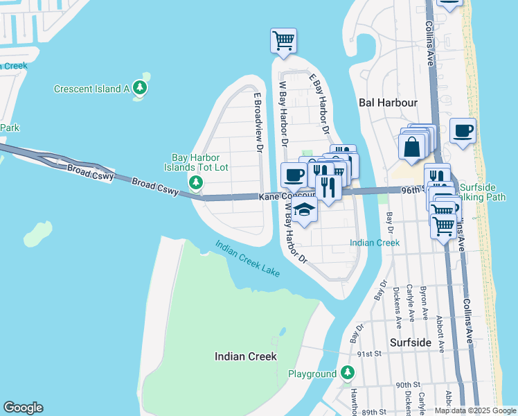 map of restaurants, bars, coffee shops, grocery stores, and more near 9520 East Broadview Drive in Bay Harbor Islands