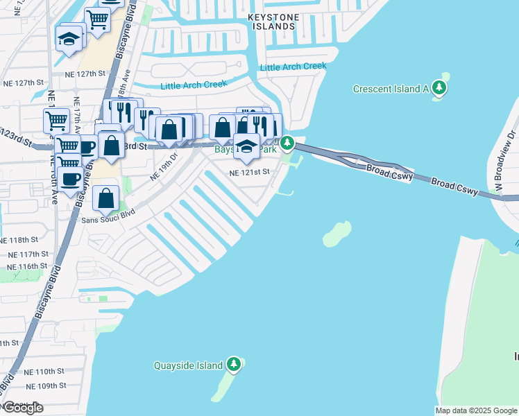 map of restaurants, bars, coffee shops, grocery stores, and more near 2089 Northeast 121st Road in North Miami
