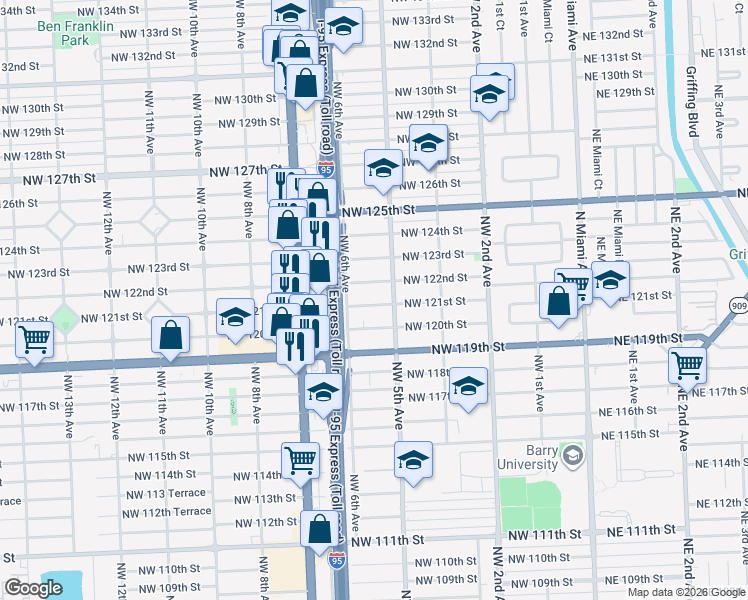 map of restaurants, bars, coffee shops, grocery stores, and more near 570 Northwest 121st Street in North Miami