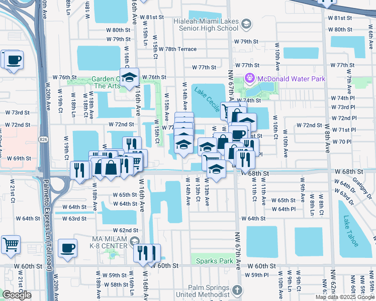 map of restaurants, bars, coffee shops, grocery stores, and more near 1383 West 69th Street in Hialeah