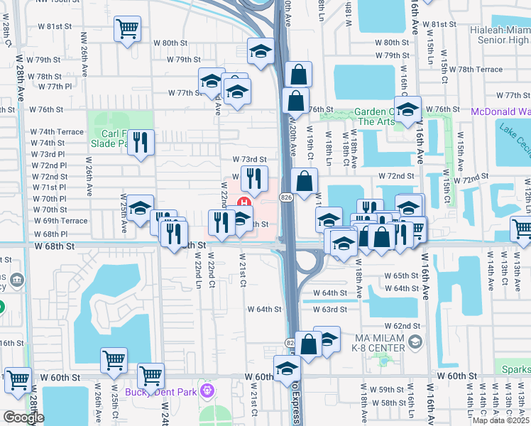 map of restaurants, bars, coffee shops, grocery stores, and more near in Hialeah