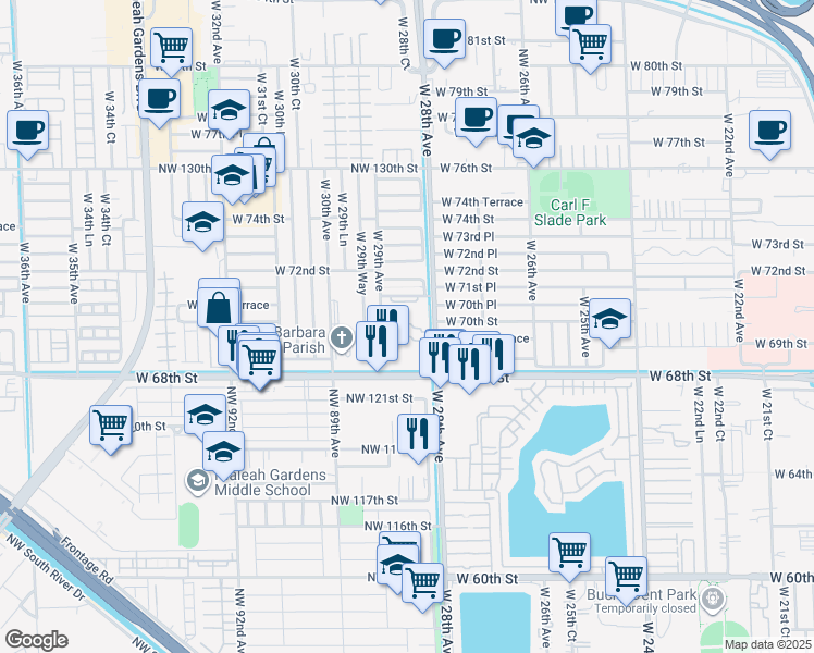 map of restaurants, bars, coffee shops, grocery stores, and more near 6937 West 29th Avenue in Hialeah