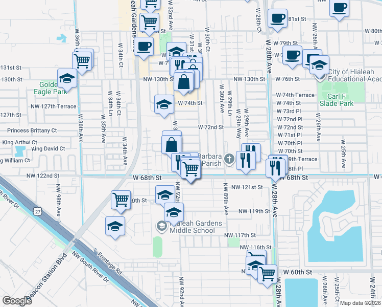 map of restaurants, bars, coffee shops, grocery stores, and more near 3107 West 69th Place in Hialeah Gardens