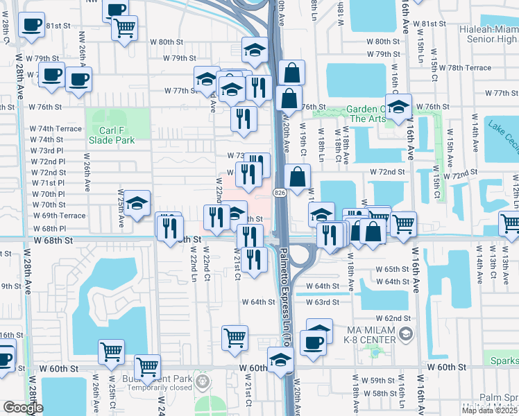 map of restaurants, bars, coffee shops, grocery stores, and more near 7100 West 20th Avenue in Hialeah