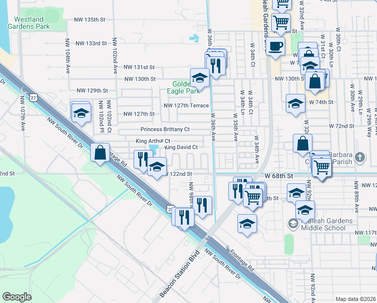 map of restaurants, bars, coffee shops, grocery stores, and more near 12375 Northwest 98th Court in Hialeah Gardens