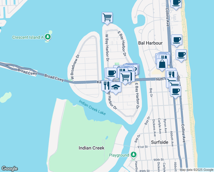 map of restaurants, bars, coffee shops, grocery stores, and more near 9400 West Bay Harbor Drive in Bay Harbor Islands