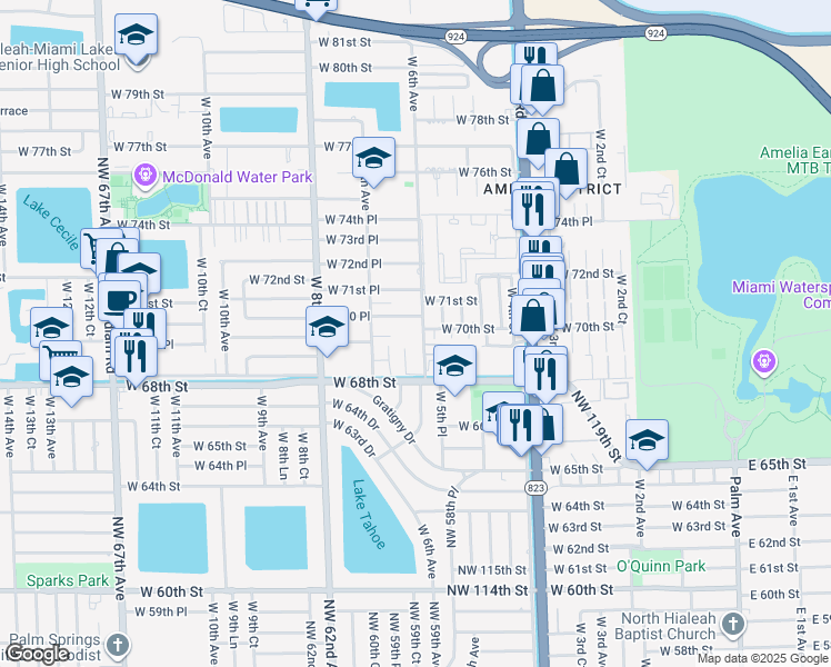 map of restaurants, bars, coffee shops, grocery stores, and more near 653 Gratigny Drive in Hialeah
