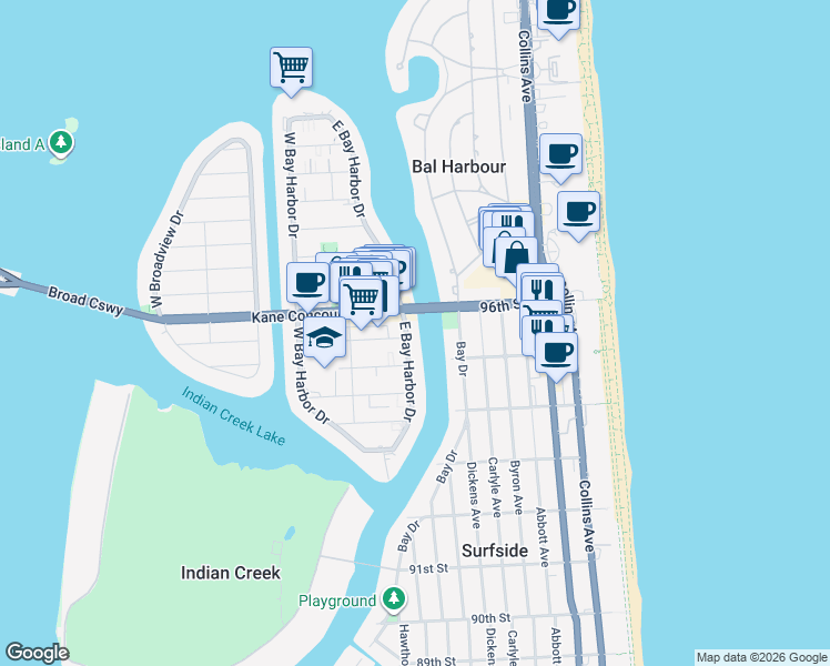 map of restaurants, bars, coffee shops, grocery stores, and more near 9481 East Bay Harbor Drive in Bay Harbor Islands