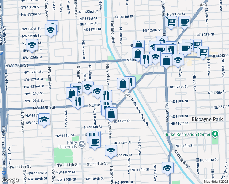 map of restaurants, bars, coffee shops, grocery stores, and more near 12035 Northeast 2nd Avenue in North Miami