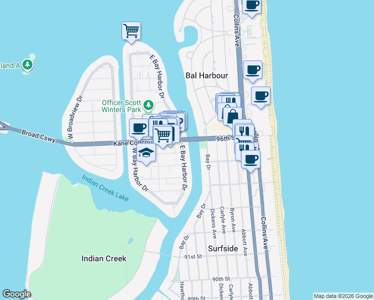 map of restaurants, bars, coffee shops, grocery stores, and more near 9481 East Bay Harbor Drive in Bay Harbor Islands