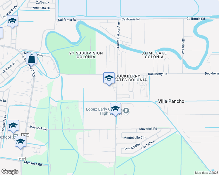 map of restaurants, bars, coffee shops, grocery stores, and more near 2800 South Dakota Avenue in Brownsville