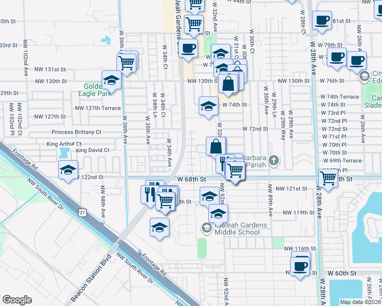 map of restaurants, bars, coffee shops, grocery stores, and more near 132 Northwest 93rd Court in Hialeah