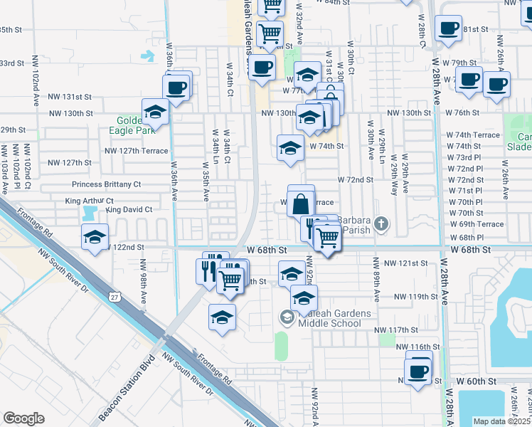 map of restaurants, bars, coffee shops, grocery stores, and more near 132 Northwest 93rd Court in Hialeah