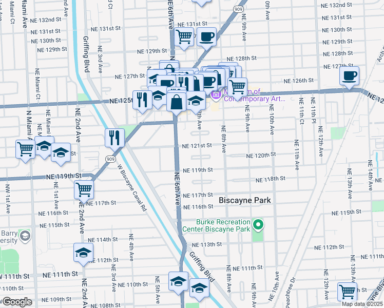 map of restaurants, bars, coffee shops, grocery stores, and more near 662 Northeast 120th Street in Biscayne Park
