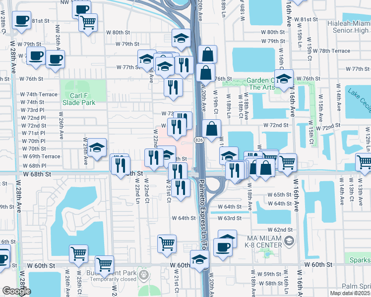 map of restaurants, bars, coffee shops, grocery stores, and more near 7100 West 20th Avenue in Hialeah