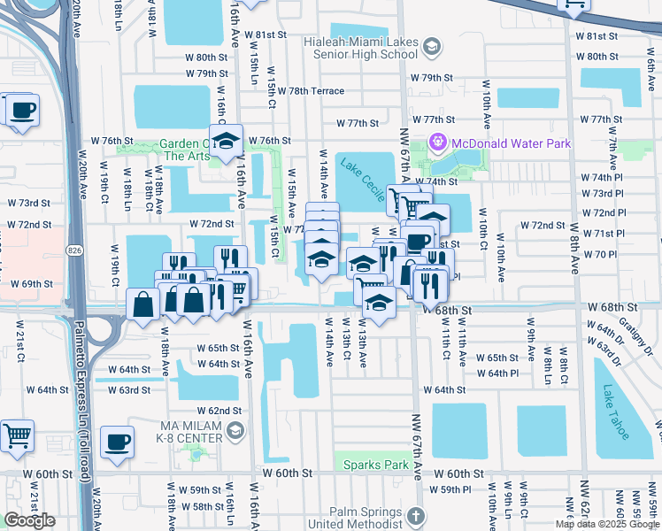 map of restaurants, bars, coffee shops, grocery stores, and more near 1383 West 69th Street in Hialeah