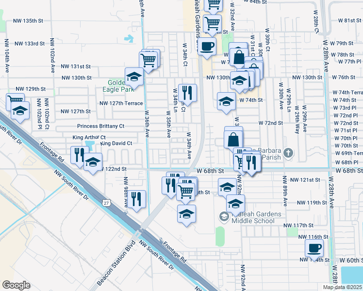 map of restaurants, bars, coffee shops, grocery stores, and more near 169 West 70th Terrace in Hialeah