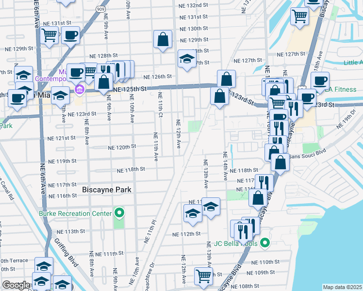 map of restaurants, bars, coffee shops, grocery stores, and more near 11907 Northeast 12th Court in Biscayne Park