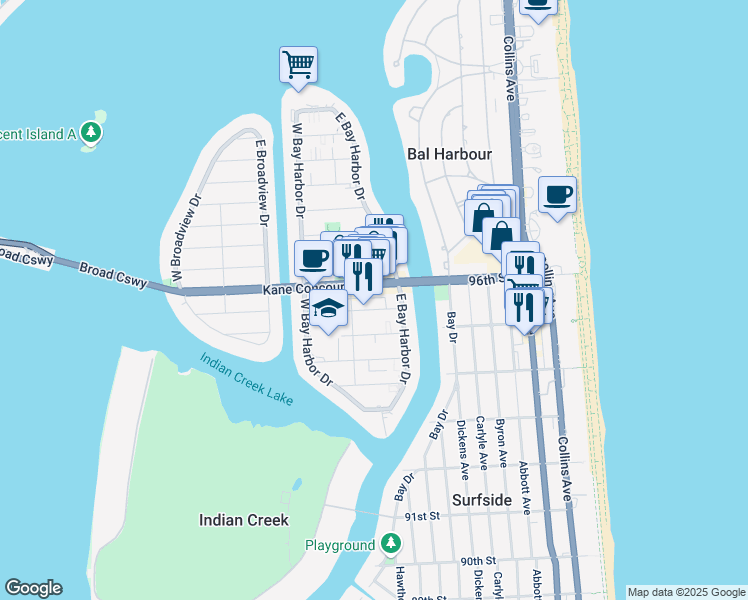 map of restaurants, bars, coffee shops, grocery stores, and more near 1050 95th Street in Bay Harbor Islands