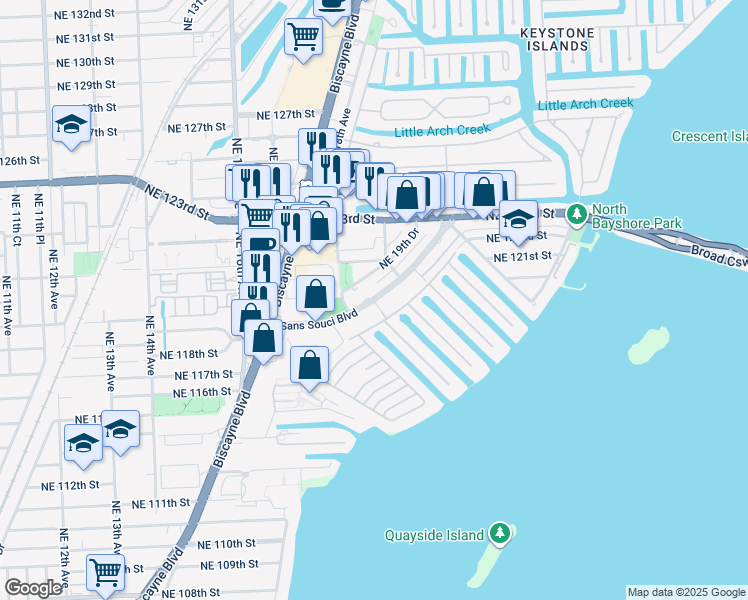 map of restaurants, bars, coffee shops, grocery stores, and more near 1805 Northeast 118th Road in North Miami