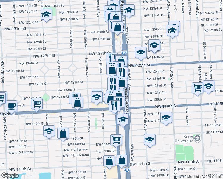 map of restaurants, bars, coffee shops, grocery stores, and more near 12060 Northwest 7th Avenue in North Miami