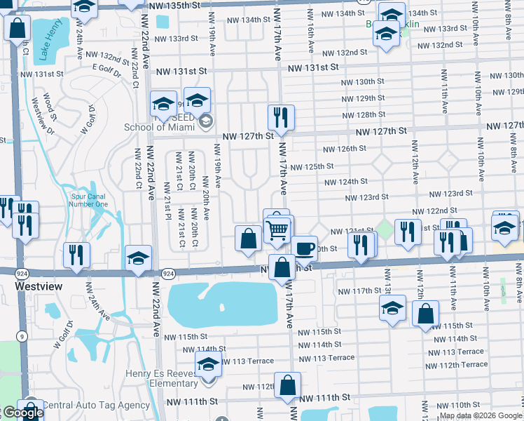 map of restaurants, bars, coffee shops, grocery stores, and more near 1800 Northwest 122nd Street in Miami