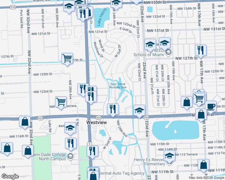 map of restaurants, bars, coffee shops, grocery stores, and more near 12210 West Golf Drive in Miami