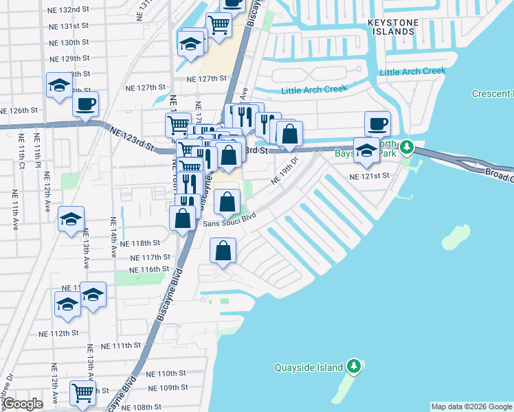 map of restaurants, bars, coffee shops, grocery stores, and more near 1800 Sans Souci Boulevard in North Miami