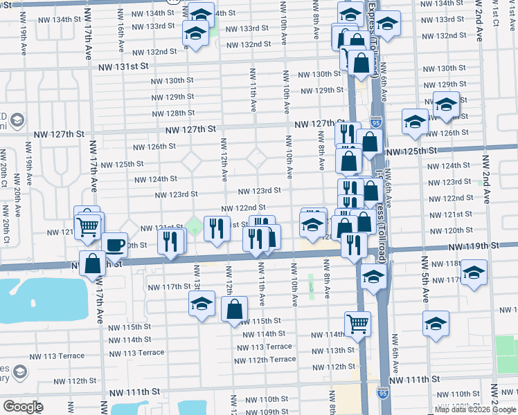 map of restaurants, bars, coffee shops, grocery stores, and more near 12100 Northwest 11th Avenue in North Miami
