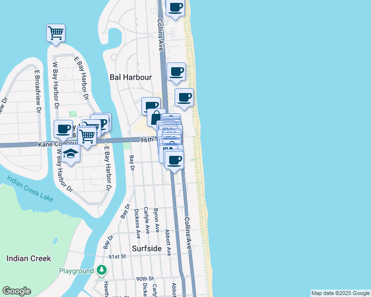 map of restaurants, bars, coffee shops, grocery stores, and more near 203 95th Street in Surfside