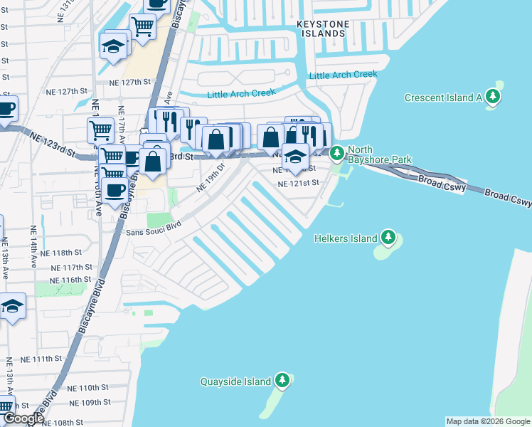 map of restaurants, bars, coffee shops, grocery stores, and more near 2138 Northeast 122nd Road in North Miami