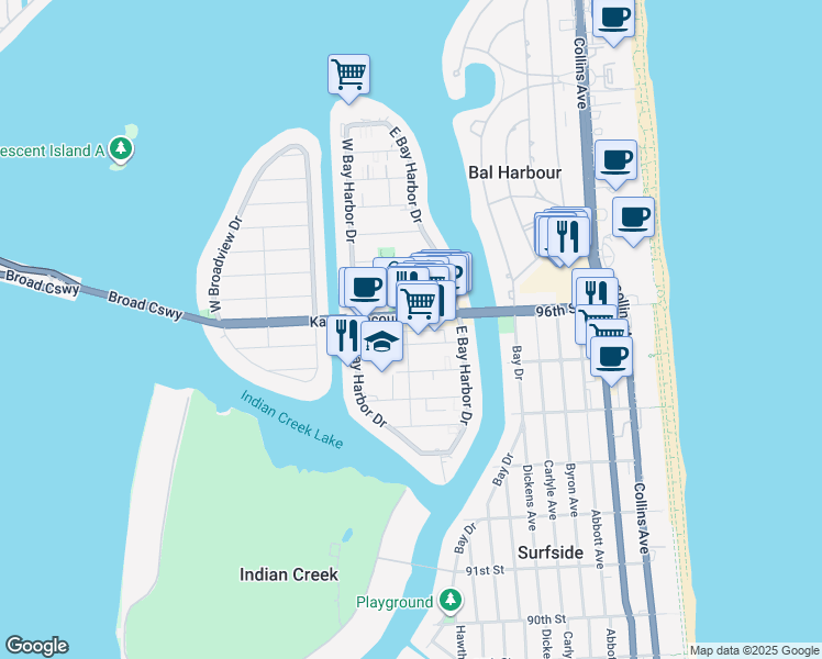 map of restaurants, bars, coffee shops, grocery stores, and more near in Bay Harbor Islands